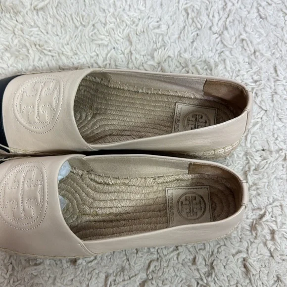 Tory Burch Benton Color Block Espadrille-Nappa Leather Size 7.5 Ivory Black‎ - Picture 9 of 11